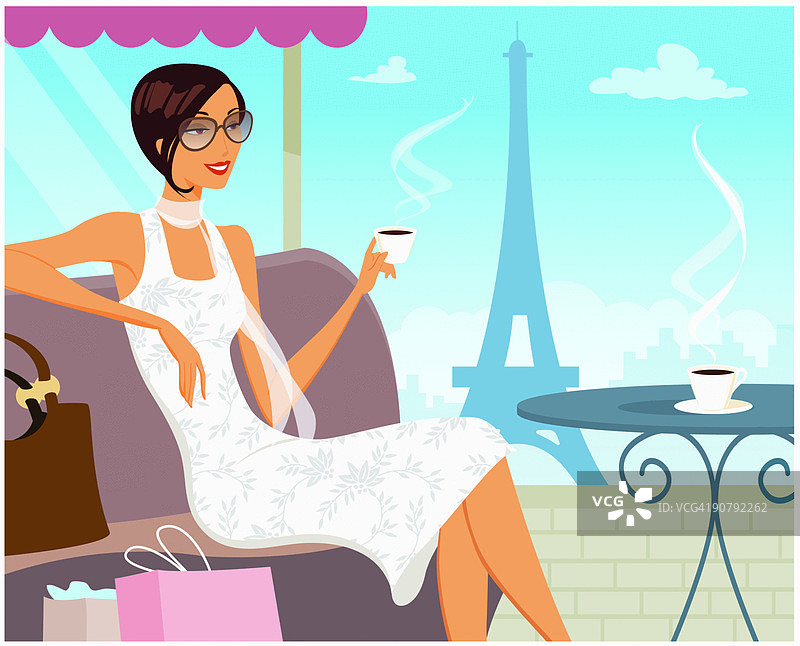在咖啡馆，背景是埃菲尔铁塔的女人图片素材