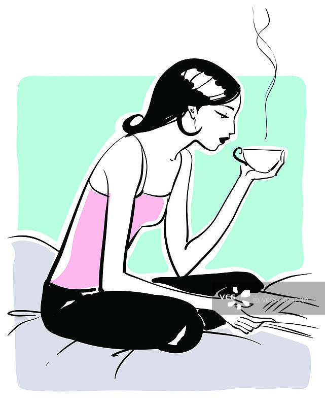 女人阅读杂志喝咖啡图片素材