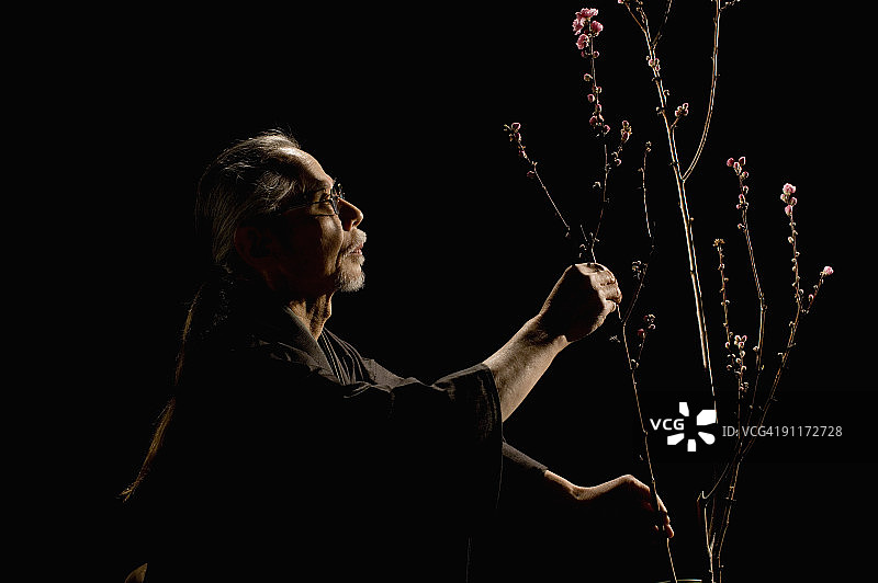 摆弄鲜花的男人，工作室拍摄图片素材