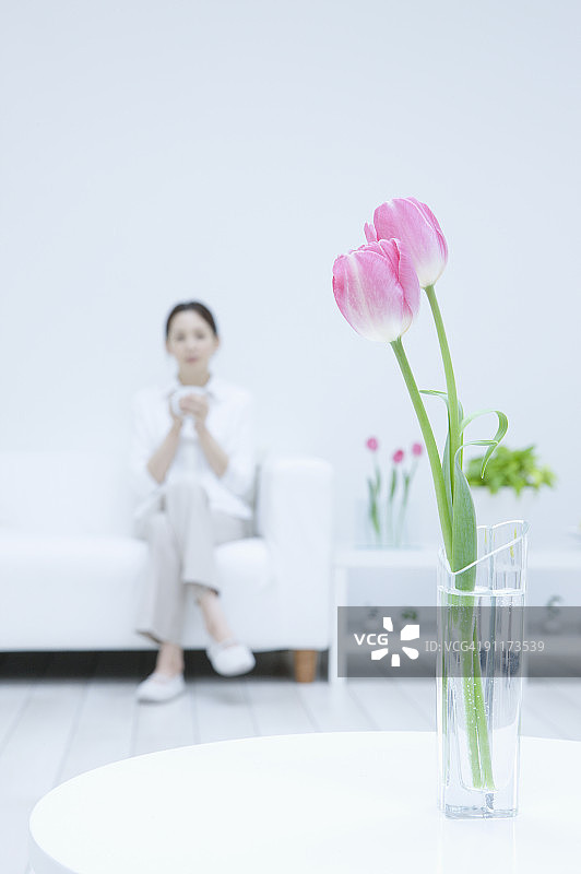 在客厅里的女人，焦点在前台图片素材