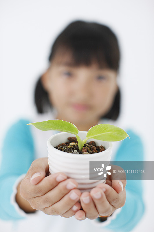 女孩手捧盆栽，焦点在前图片素材