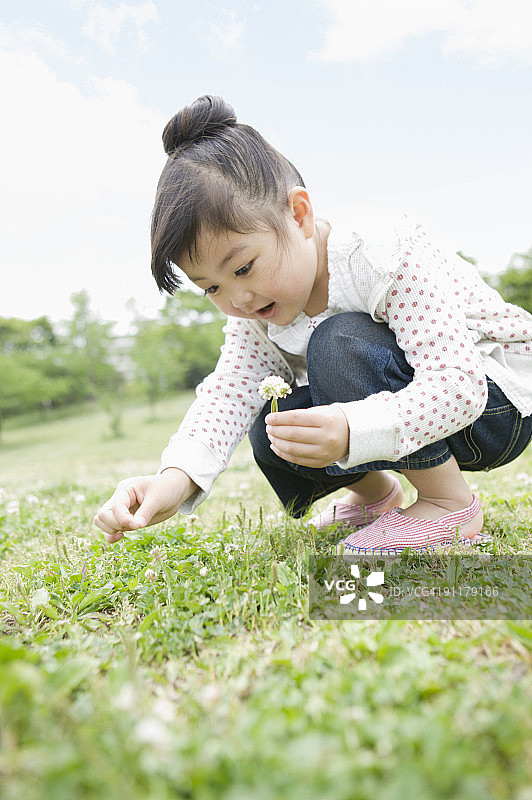 女孩在田野里采摘鲜花图片素材