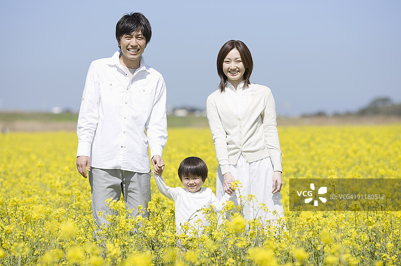 油菜花田中的家庭图片素材