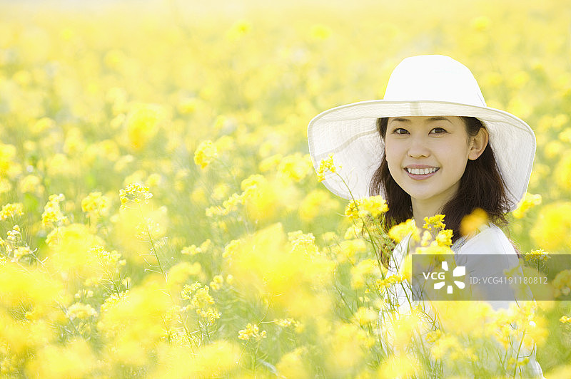 油菜籽田里的年轻女子肖像图片素材