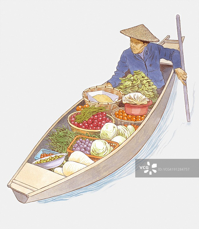 划船在水上市场航行的男人插画图片素材