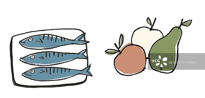 三条沙丁鱼、苹果和梨的数字插图图片素材