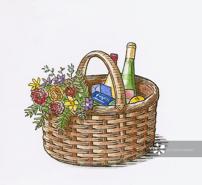 柳条购物篮鲜花杂货插画图片素材