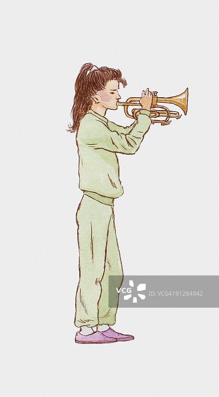 吹短号的年轻女孩插画图片素材