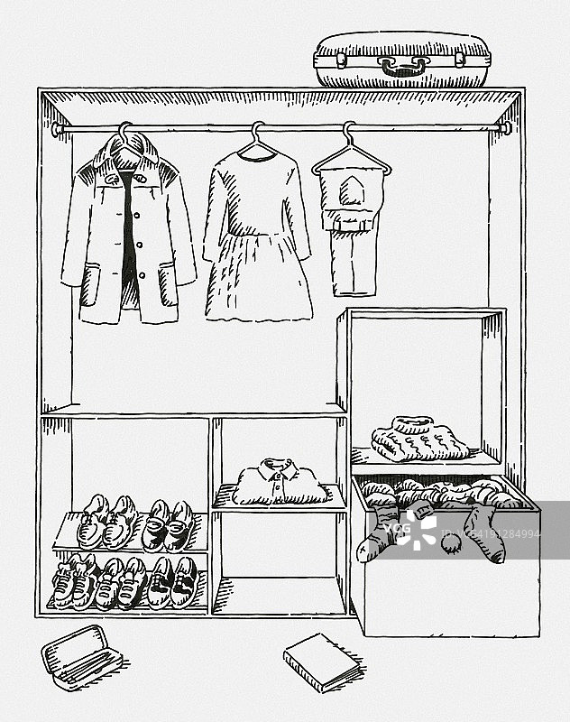 衣柜和行李箱中服装鞋子的黑白数字插图图片素材