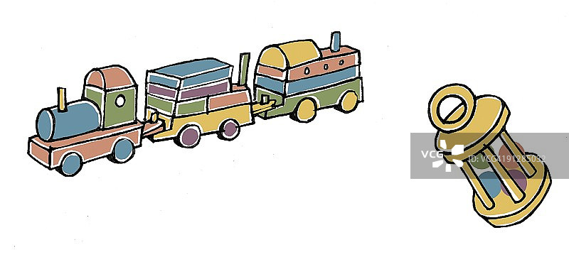 彩色木制玩具拨浪鼓的数字插画图片素材