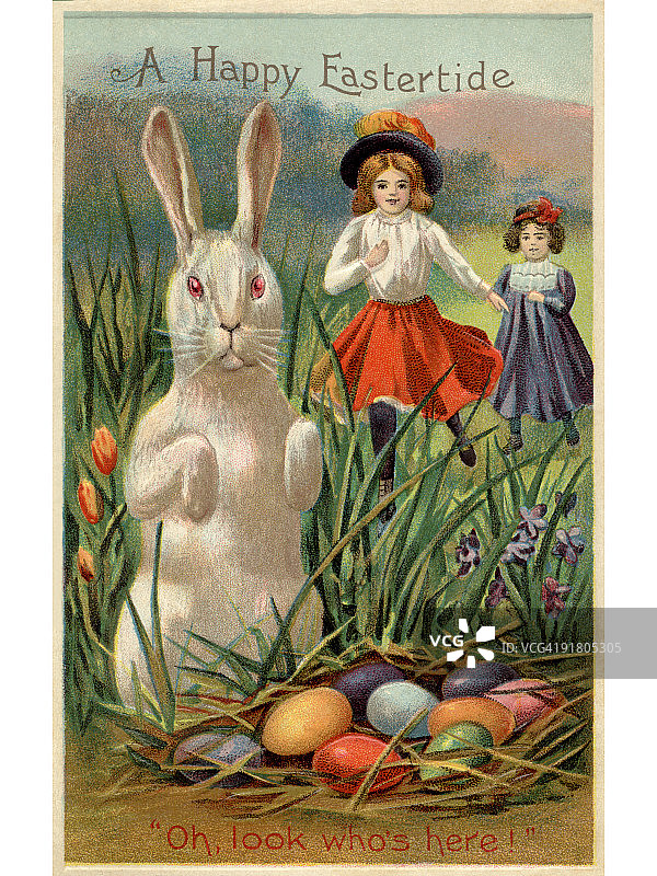 女孩追逐兔子与彩蛋复活节复古明信片图片素材
