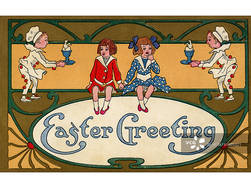 复古复活节明信片：服务员给小女孩送鸡蛋图片素材