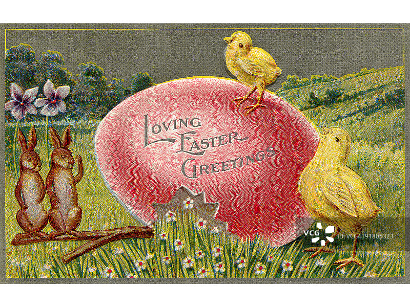 复古复活节明信片：小鸡和兔子与复活节彩蛋图片素材