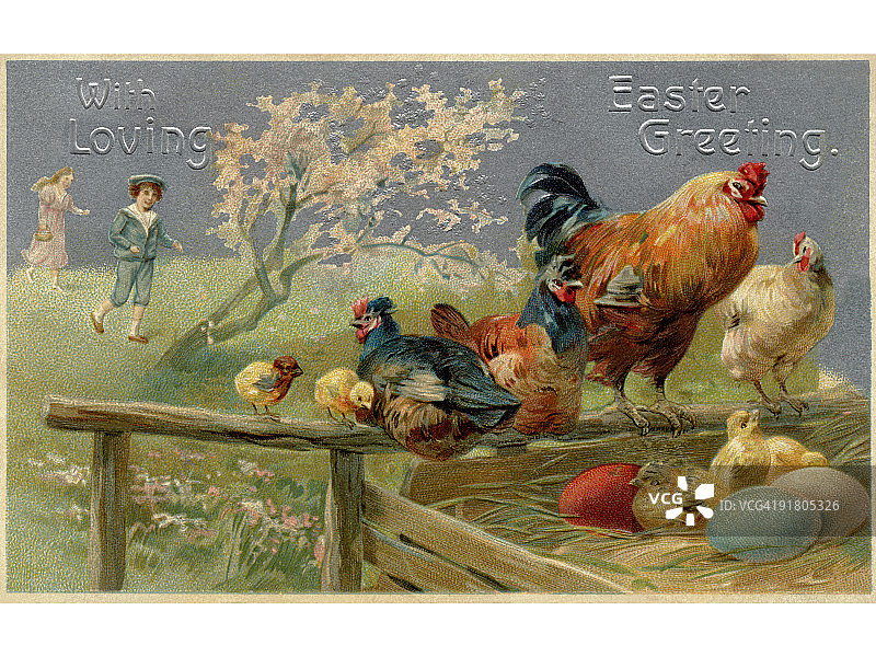 复古风复活节明信片：小鸡和复活节彩蛋图片素材