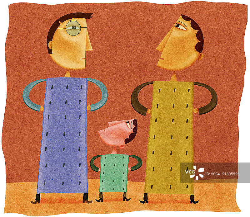 身体是建筑物的小矮人站在两个身体是高楼大厦的男人中间图片素材