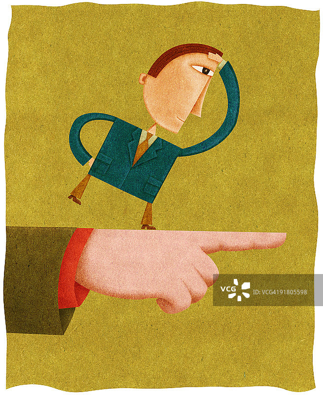 小商人在巨大指示手上眺望图片素材