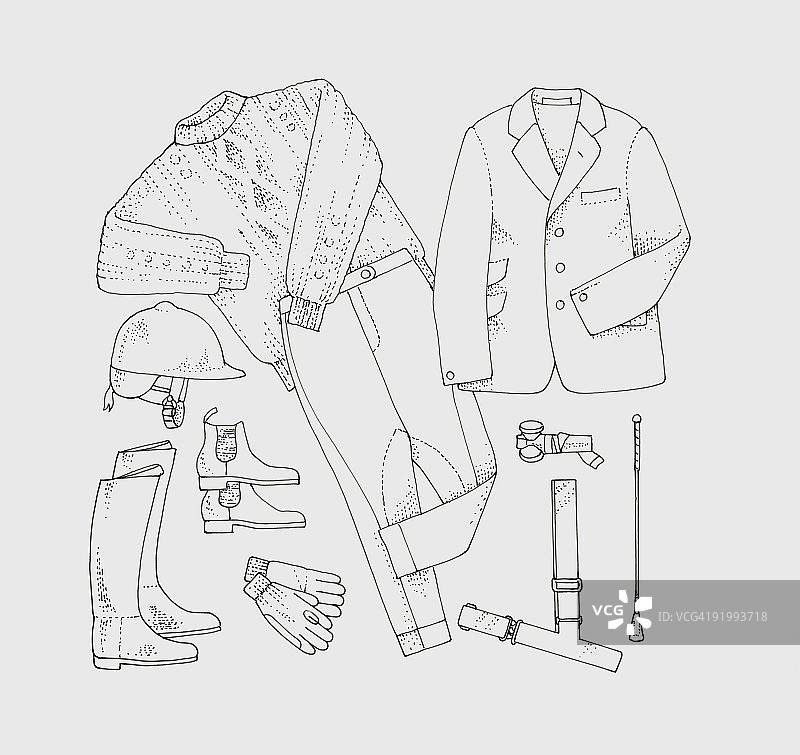 骑行服和马鞭、马镫火炬和荧光带的黑白插图图片素材