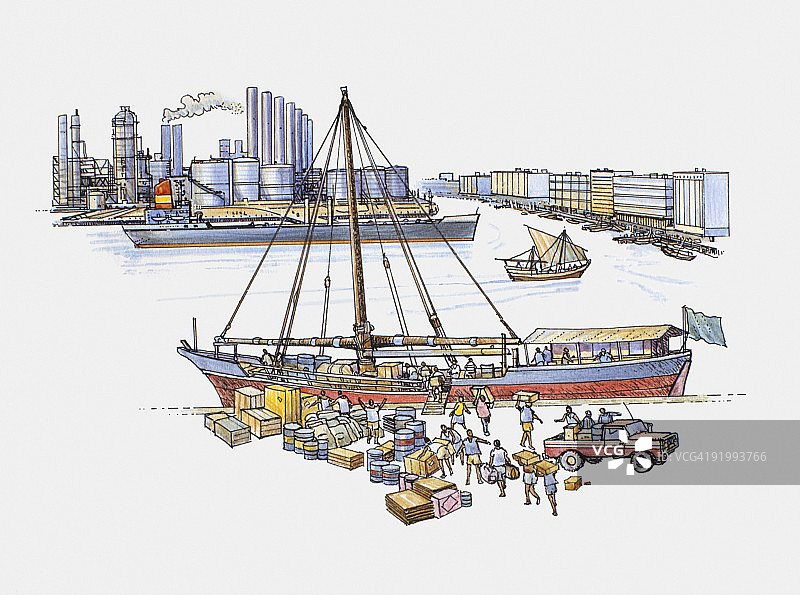 繁忙的城市工业码头装载单桅帆船的数字插图图片素材