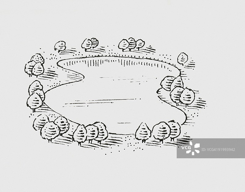 湖泊环绕树木的黑白插画图片素材