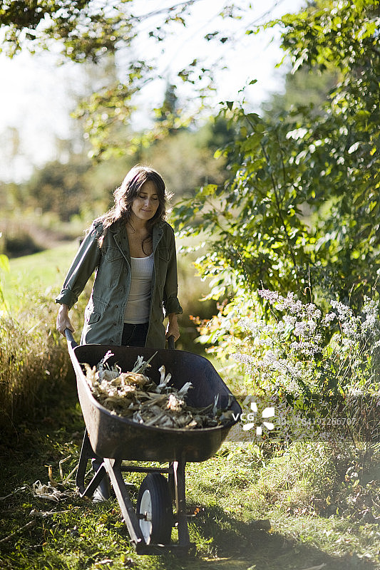 女人推着独轮车图片素材