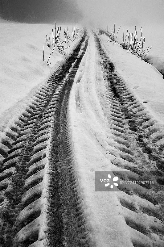 雪地中车辆轮胎痕迹图片素材