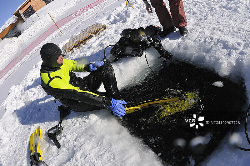 潜水员准备潜入冰洞图片素材