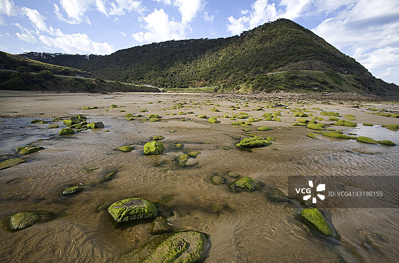 流水潺潺，绿藻点缀岩石图片素材