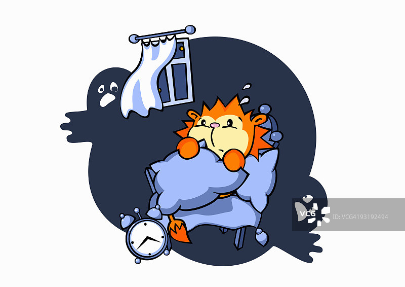 卡通狮子躺在床上害怕鬼图片素材