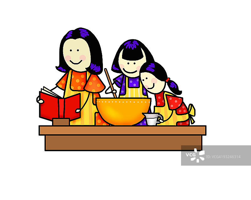 两个女孩和妈妈一起做饭图片素材