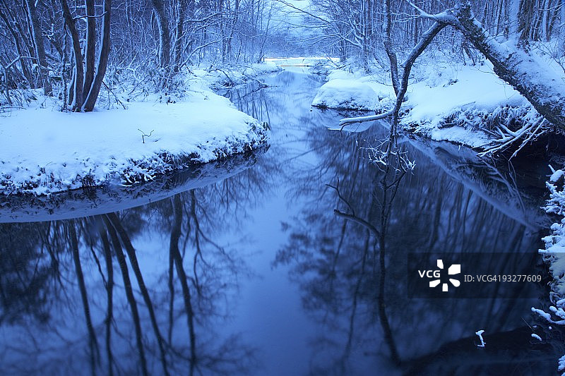 森林中被雪覆盖的小溪图片素材