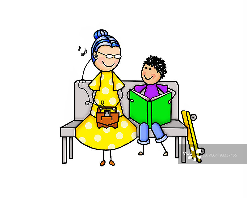 女人和男孩在长椅上图片素材