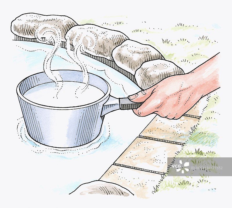 展示如何使用装有沸水的平底锅底部融化覆盖池塘的冰的插画图片素材