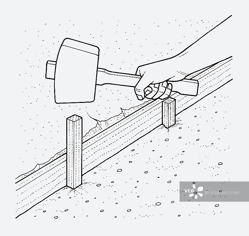 手持木槌敲击木桩的黑白插图图片素材