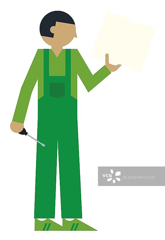 身穿绿色工装裤手持螺丝刀的男人数字插画图片素材
