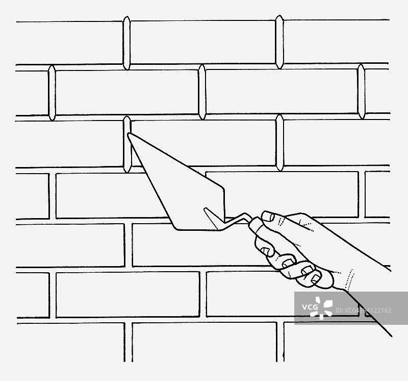 用泥刀在砖墙上抹灰的黑白插图图片素材