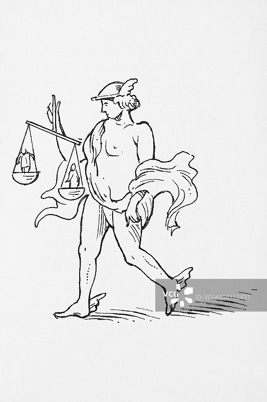 戴着飞翼凉鞋和帽子，拿着天平的墨丘利插画图片素材