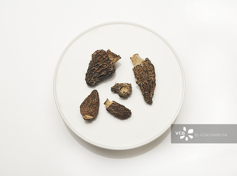 白色盘子上的干羊肚菌图片素材