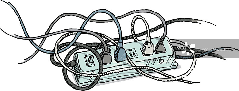 插在电源板上的缠绕的电线图片素材