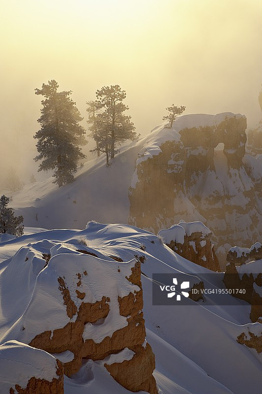 犹他州布莱斯峡谷积雪雾气日出图片素材