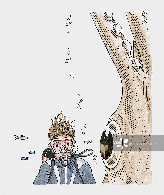 潜水员与巨型鱿鱼眼睛旁的插画图片素材