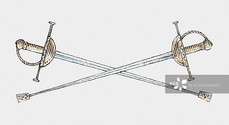 剑尖带有软木塞的两把交叉剑插画图片素材