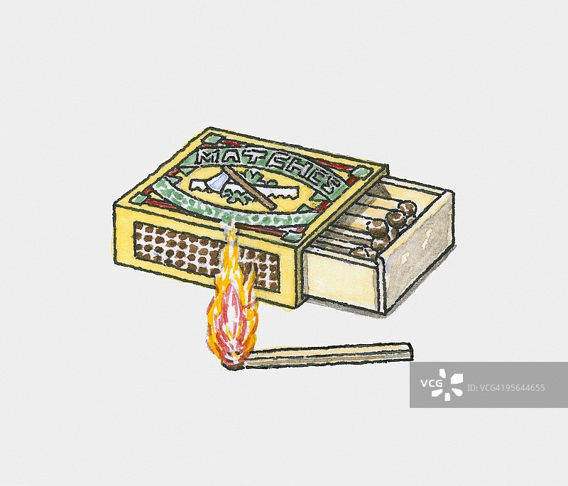 燃烧的火柴和打开的火柴盒插画图片素材