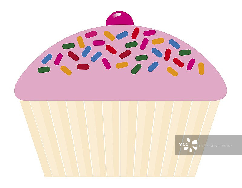 粉色糖霜、彩色糖粒和樱桃纸杯蛋糕的数字插画图片素材