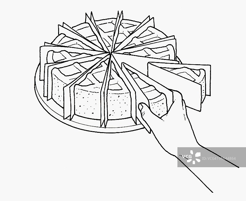 用防油纸分隔蛋糕切片的黑白插画图片素材