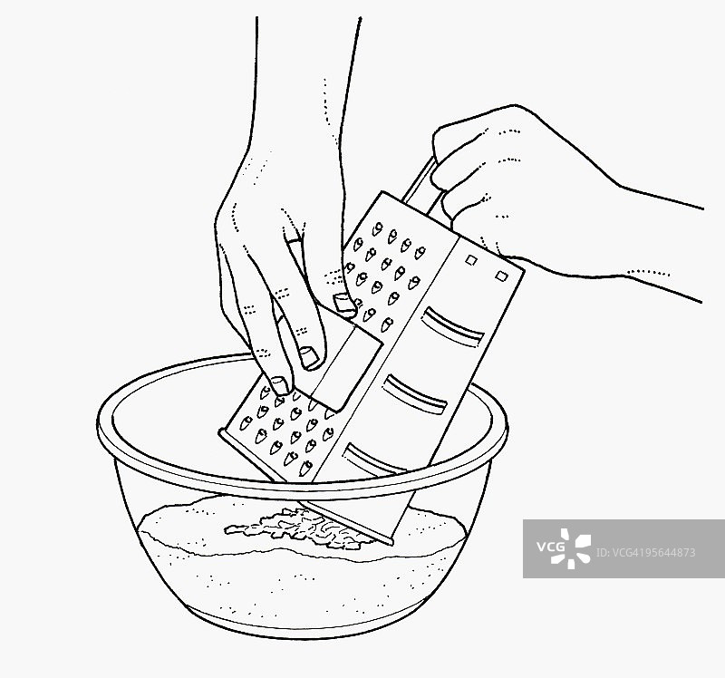 在搅拌碗中将黄油磨碎在面粉上的黑白插画图片素材