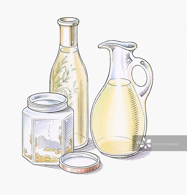 制作沙拉酱的芥末、香草和橄榄油插画图片素材