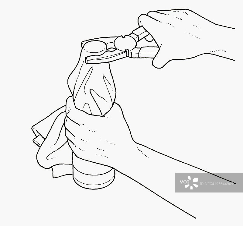 用钳子拧开瓶盖的黑白插图图片素材