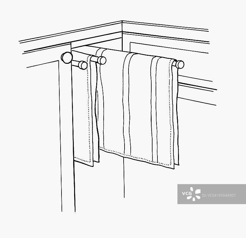 橱柜内挂在栏杆上的茶巾黑白插画图片素材