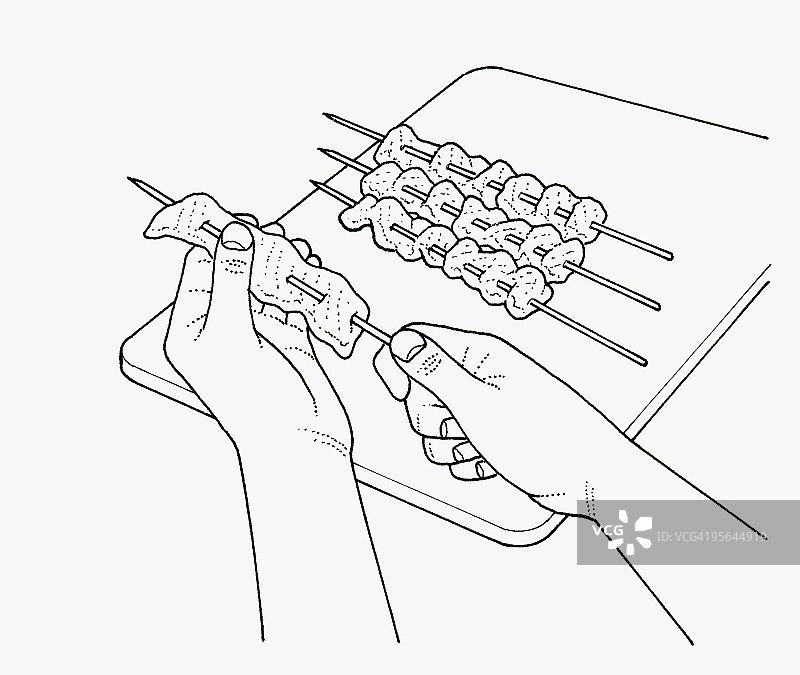 将鱼片串在烤肉串上黑白插画图片素材