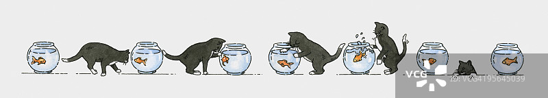 显示黑猫和小金鱼在碗里的插图序列图片素材